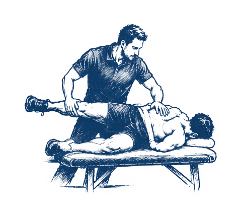 Illustration: Sportosteopath mobilisiert Hüfte und Bein eines Sportlers